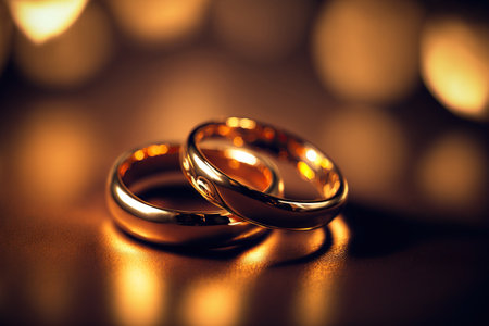 Pair of elegant wedding engagement ring macro image. Generative AIの素材