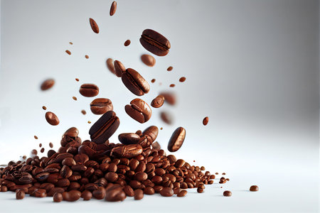Flying coffee beans over white background. Generative AIの素材