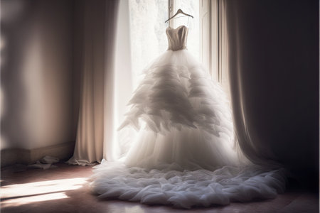 Elegant wedding dress , prom dress on hanger. Generative AIの素材