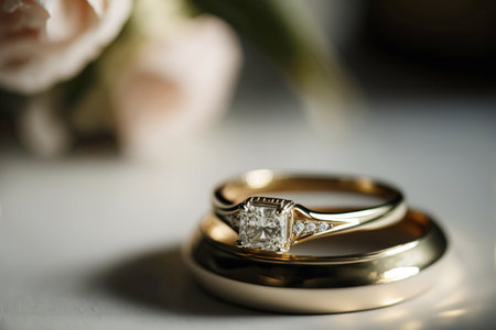Pair of elegant wedding engagement ring macro image. Generative AIの素材