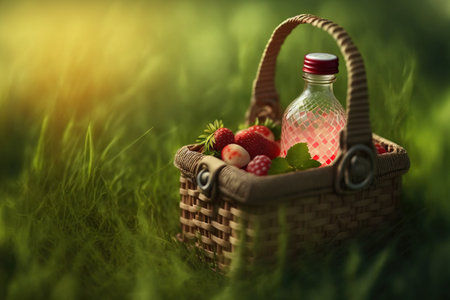 Picnic in the grass, basket with food and drink. Blurred background. Generative AIの素材