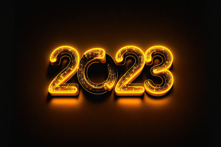 New Year 2023 celebration font. yellow electric style. Generative AIの素材