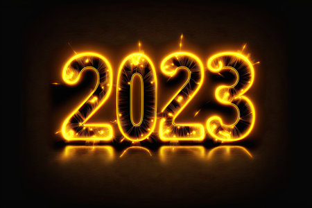 New Year 2023 celebration font. yellow electric style. Generative AIの素材