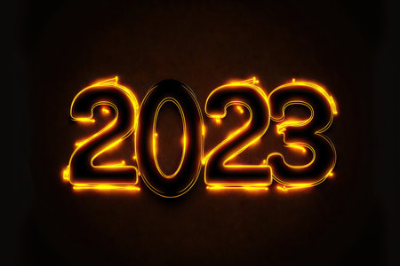 New Year 2023 celebration font. yellow electric style. Generative AIの素材