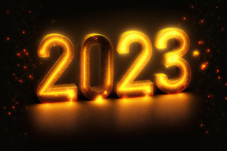 New Year 2023 celebration font. yellow electric style. Generative AIの素材