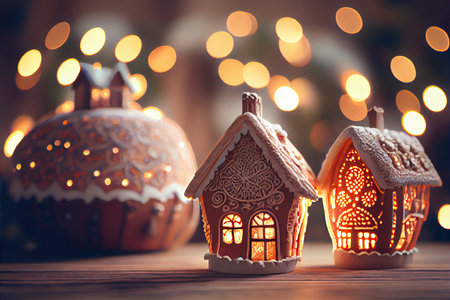Gingerbread house, blurred bokeh background. Generative AIの素材