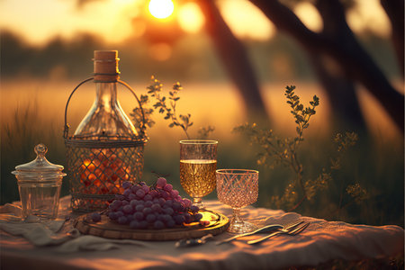 Romantic summer picnic, basket with food and drinks, warm evening light. Generative AIの素材
