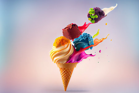 Flying splash of ice cream and miscellaneous sweets. Generative AIの素材