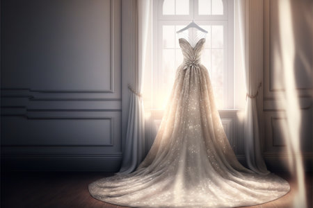 Elegant wedding dress , prom dress on hanger. Generative AIの素材