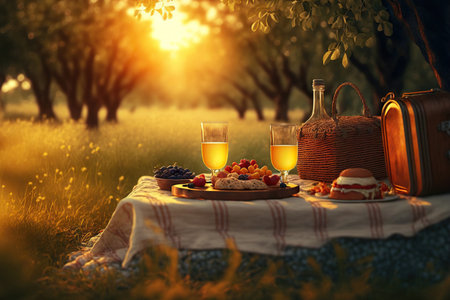 Romantic summer picnic, basket with food and drinks, warm evening light. Generative AIの素材