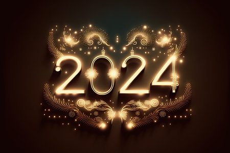 New Year 2024 celebration font. Yellow glow style. Generative AIの素材