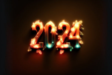 New Year 2024 celebration font. Yellow glow style. Generative AIの素材
