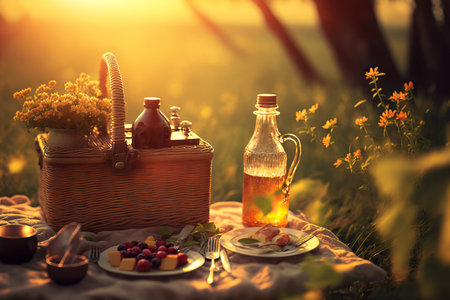 Romantic summer picnic, basket with food and drinks, warm evening light. Generative AIの素材
