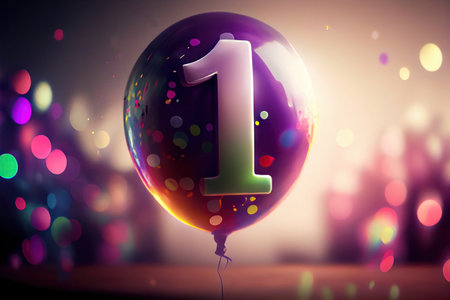 Inflatable balloon with number 1 is flying on blurred background. birthday celebration. Generative AI.の素材