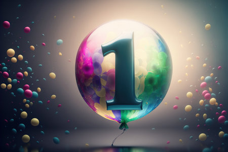 Inflatable balloon with number 1 is flying on blurred background. birthday celebration. Generative AI.の素材