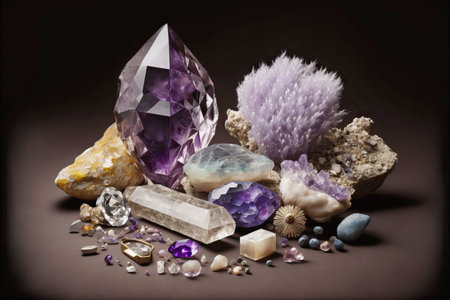 Abstract composition of semi-precious stones , quartz, amethyst. Generative AIの素材