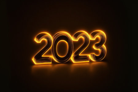 New Year 2023 celebration font. yellow electric style. Generative AIの素材