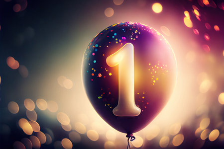 Inflatable balloon with number 1 is flying on blurred background. birthday celebration. Generative AI.の素材