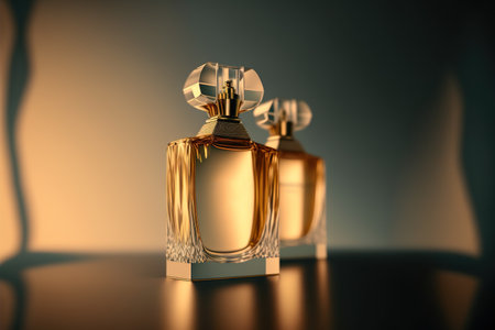 Collection of transparent multi color glass perfume bottles on a light background. Art composition still life. Stylish perfume banner. Generative AI.の素材