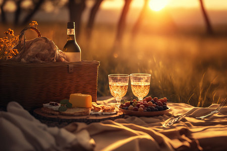Romantic summer picnic, basket with food and drinks, warm evening light. Generative AIの素材