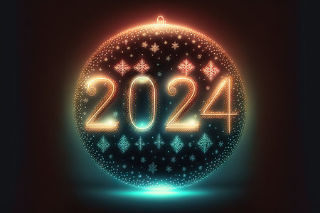 New Year 2024 celebration font. Yellow glow style. Generative AIの素材