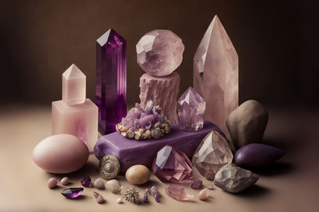 Abstract composition of semi-precious stones , quartz, amethyst. Generative AIの素材