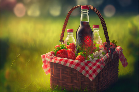 Picnic in the grass, basket with food and drink. Blurred background. Generative AIの素材