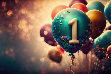 Inflatable balloon with number 1 is flying on blurred background. birthday celebration. Generative AI.の素材