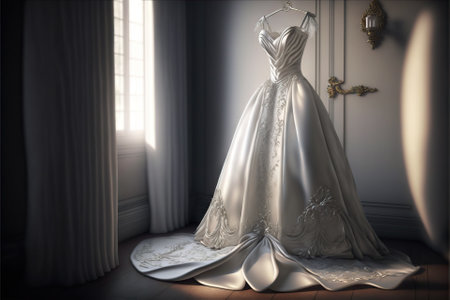 Elegant wedding dress , prom dress on hanger. Generative AIの素材