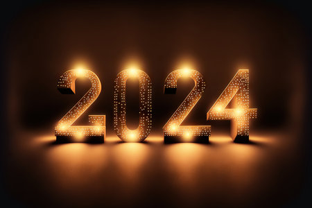New Year 2024 celebration font. Yellow glow style. Generative AIの素材