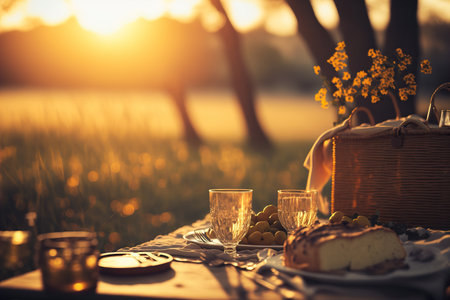 Romantic summer picnic, basket with food and drinks, warm evening light. Generative AIの素材