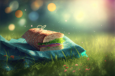 Picnic in the grass, sandwich on plaid. Blurred background. Generative AIの素材