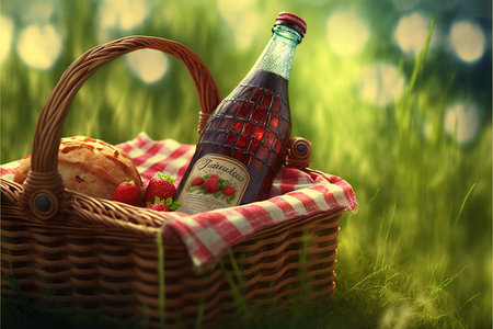 Picnic in the grass, basket with food and drink. Blurred background. Generative AIの素材
