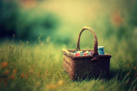 Picnic in the grass, basket with food and drink. Blurred background. Generative AIの素材