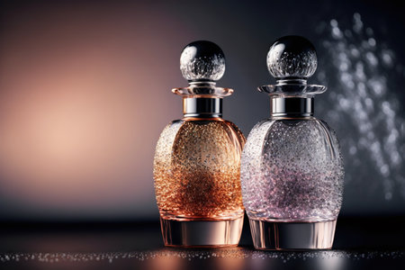 Collection of transparent multi color glass perfume bottles on a light background. Art composition still life. Stylish perfume banner. Generative AI.の素材