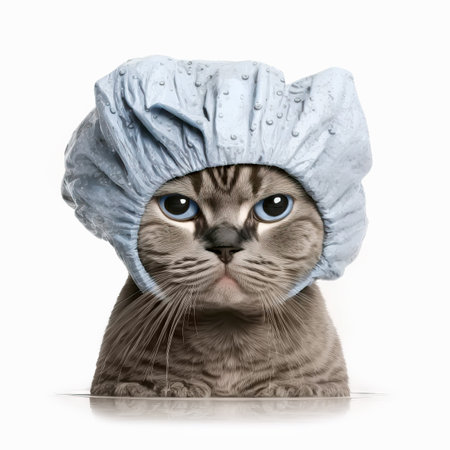 Funny illustration of moody cat wearing shower cap. white background. Generative AIの素材