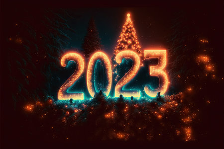 New Year 2023 celebration font. yellow electric style. Generative AIの素材