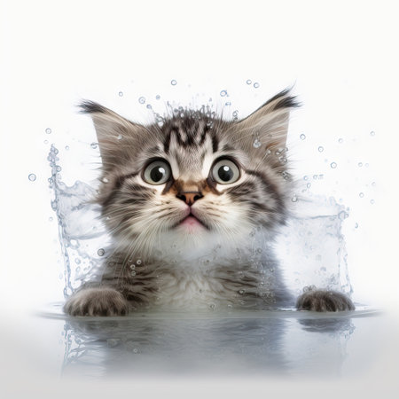 Funny illustration of surprised cat swimming, splashes of water around. white background. Generative AIの素材