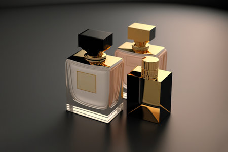 Collection of transparent multi color glass perfume bottles on a light background. Art composition still life. Stylish perfume banner. Generative AI.の素材