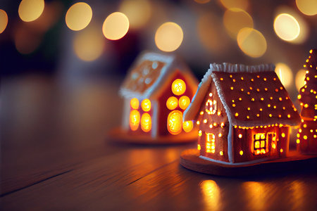 Gingerbread house, blurred bokeh background. Generative AIの素材