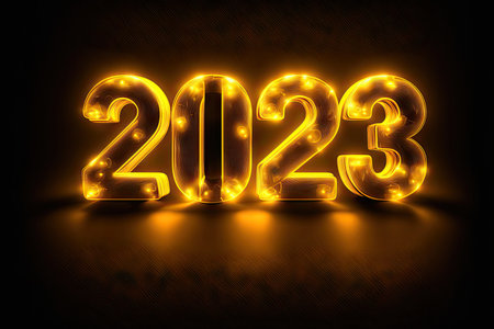 New Year 2023 celebration font. yellow electric style. Generative AIの素材
