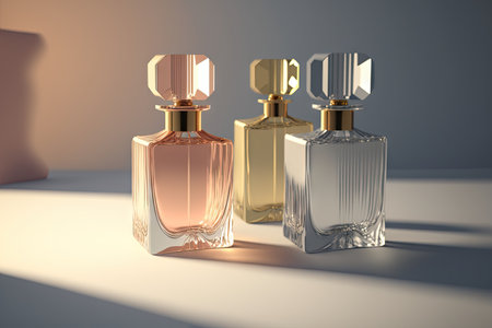Collection of transparent multi color glass perfume bottles on a light background. Art composition still life. Stylish perfume banner. Generative AI.の素材