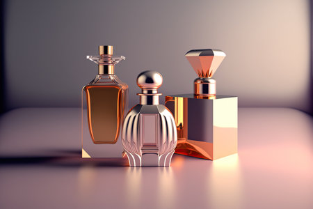 Collection of transparent multi color glass perfume bottles on a light background. Art composition still life. Stylish perfume banner. Generative AI.の素材