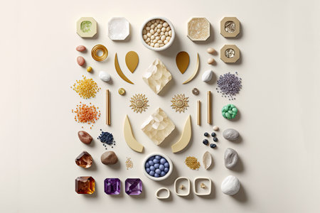 Arrangement of precious stones for jewelry making, flat lay style. Generative AIの素材