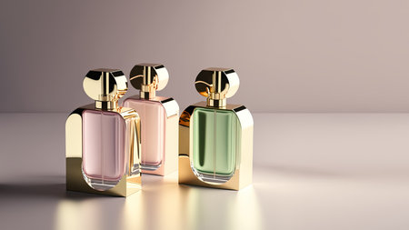 Collection of transparent multi color glass perfume bottles on a light background. Art composition still life. Stylish perfume banner. Generative AI.の素材
