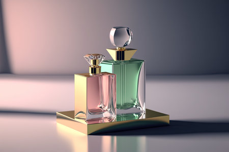 Collection of transparent multi color glass perfume bottles on a light background. Art composition still life. Stylish perfume banner. Generative AI.の素材