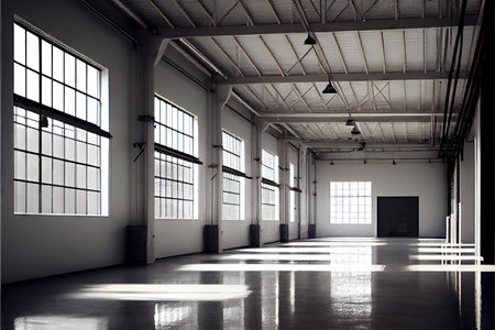 Interior of empty industrial warehouse or garage. Generative AIの素材