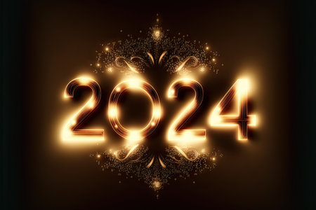 New Year 2024 celebration font. Yellow glow style. Generative AIの素材