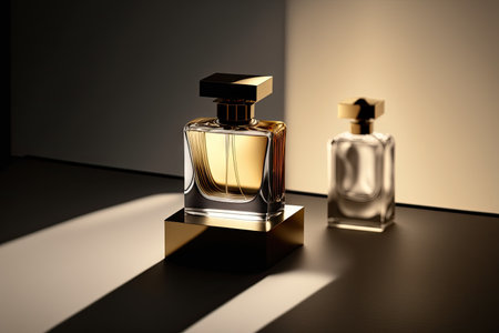 Collection of transparent multi color glass perfume bottles on a light background. Art composition still life. Stylish perfume banner. Generative AI.の素材