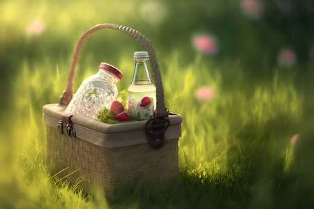 Picnic in the grass, basket with food and drink. Blurred background. Generative AIの素材
